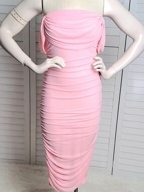 PRETTYGARDEN Pink Strapless Ruched Bodycon Midi Dress Small